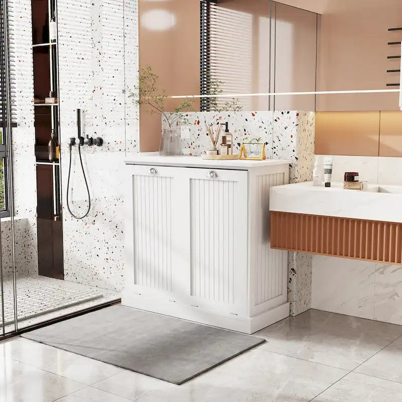 33 White Tilt-Out Laundry Sorter Cabinet with Two-Compartment