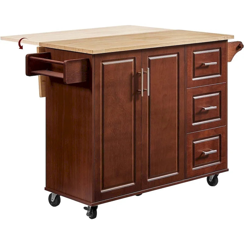 54 Rolling Kitchen Island Cart with Storage, Wood Island Table for Kitchen with 3 Drawers and Spice Rack
