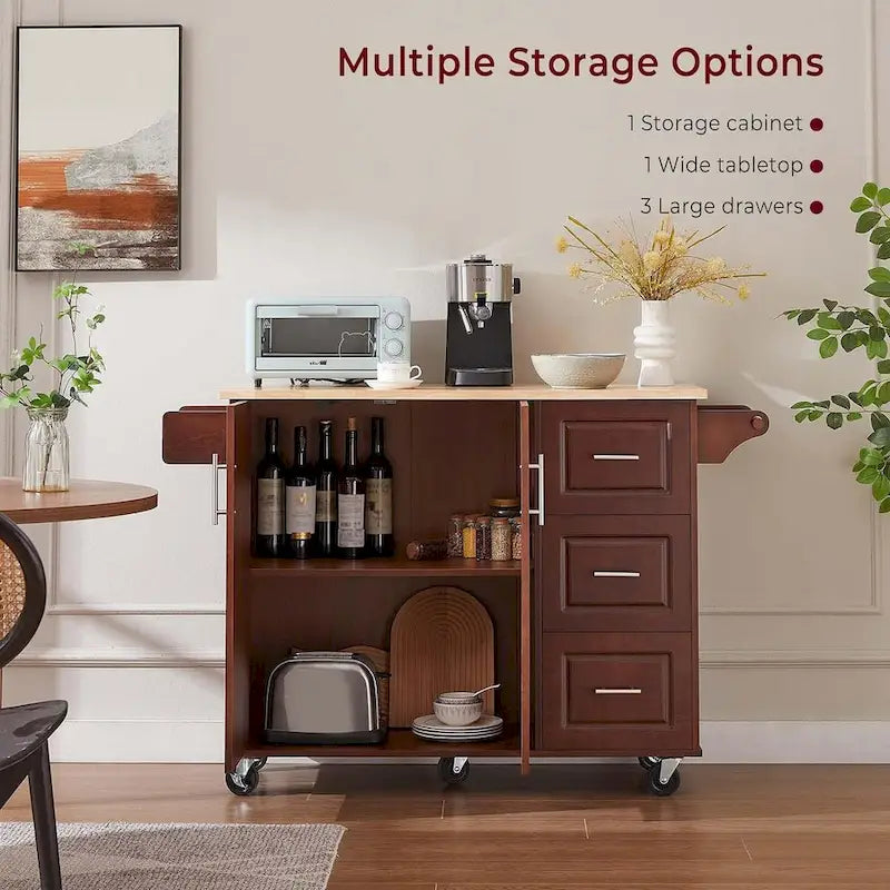 54 Rolling Kitchen Island Cart with Storage, Wood Island Table for Kitchen with 3 Drawers and Spice Rack