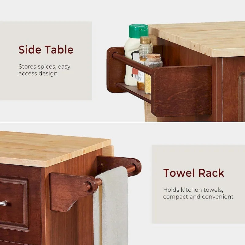 54 Rolling Kitchen Island Cart with Storage, Wood Island Table for Kitchen with 3 Drawers and Spice Rack