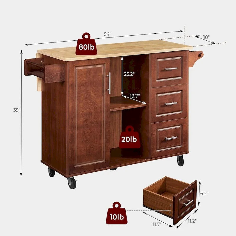 54 Rolling Kitchen Island Cart with Storage, Wood Island Table for Kitchen with 3 Drawers and Spice Rack