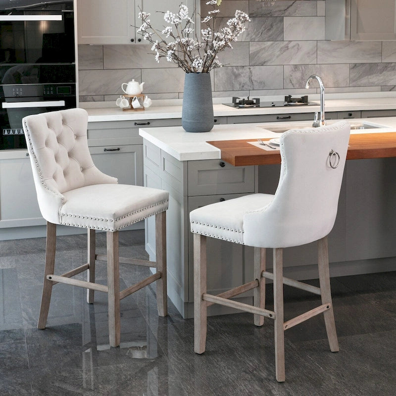 Velvet Upholstered Barstools with Button Tufted Decoration and Wooden Legs, and Chrome Nailhead Trim, Leisure Style Bar Chairs