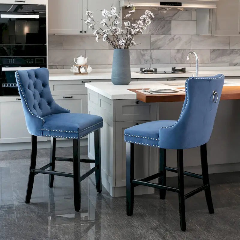 Velvet Upholstered Barstools with Button Tufted Decoration and Wooden Legs, and Chrome Nailhead Trim, Leisure Style Bar Chairs