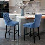Velvet Upholstered Barstools with Button Tufted Decoration and Wooden Legs, and Chrome Nailhead Trim, Leisure Style Bar Chairs
