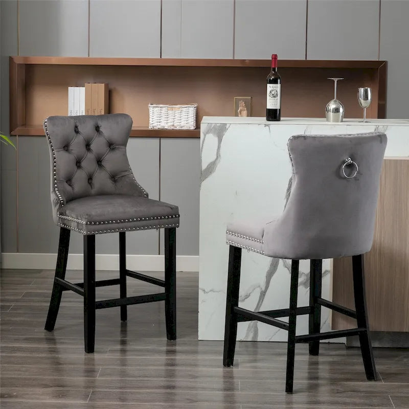 Velvet Upholstered Barstools with Button Tufted Decoration and Wooden Legs, and Chrome Nailhead Trim, Leisure Style Bar Chairs