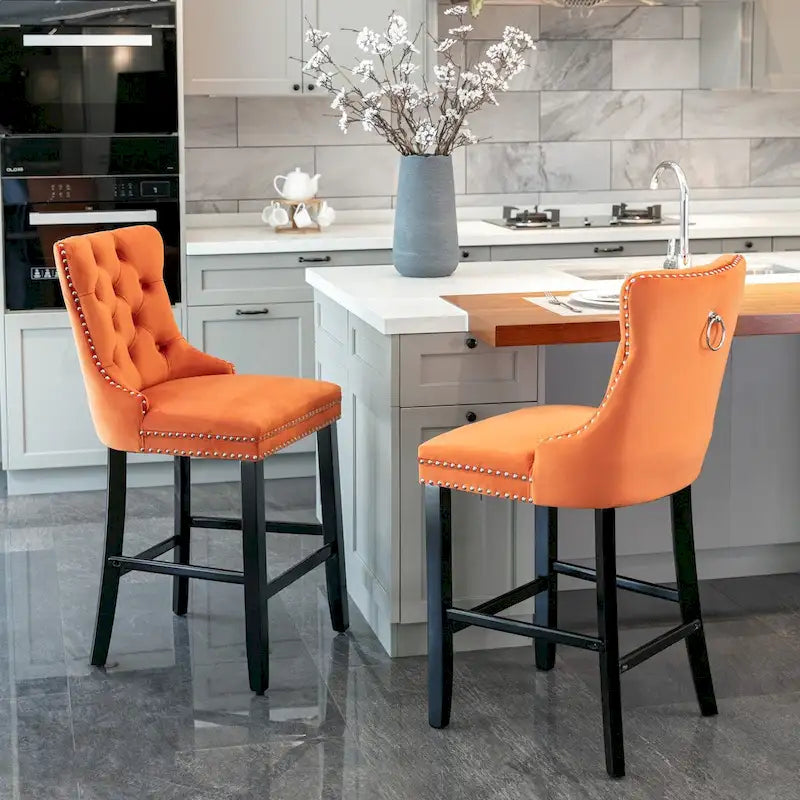 Velvet Upholstered Barstools with Button Tufted Decoration and Wooden Legs, and Chrome Nailhead Trim, Leisure Style Bar Chairs