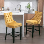 Velvet Upholstered Barstools with Button Tufted Decoration and Wooden Legs, and Chrome Nailhead Trim, Leisure Style Bar Chairs