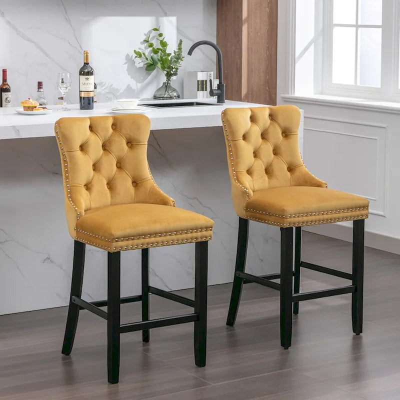 Velvet Upholstered Barstools with Button Tufted Decoration and Wooden Legs, and Chrome Nailhead Trim, Leisure Style Bar Chairs