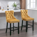 Velvet Upholstered Barstools with Button Tufted Decoration and Wooden Legs, and Chrome Nailhead Trim, Leisure Style Bar Chairs