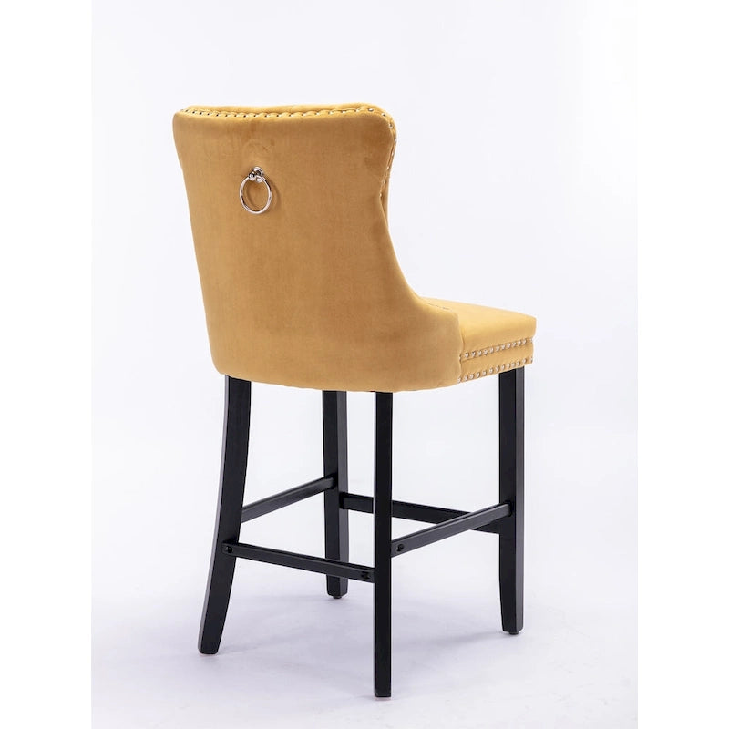Velvet Upholstered Barstools with Button Tufted Decoration and Wooden Legs, and Chrome Nailhead Trim, Leisure Style Bar Chairs