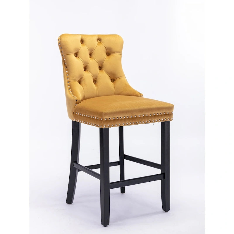 Velvet Upholstered Barstools with Button Tufted Decoration and Wooden Legs, and Chrome Nailhead Trim, Leisure Style Bar Chairs