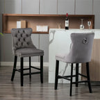 Velvet Upholstered Barstools with Button Tufted Decoration and Wooden Legs, and Chrome Nailhead Trim, Leisure Style Bar Chairs