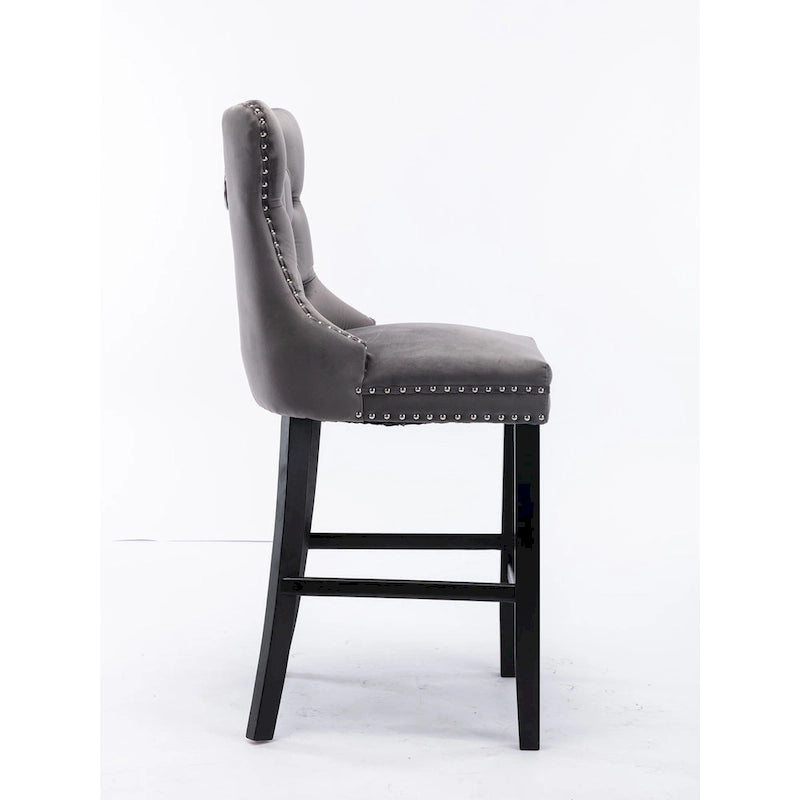 Velvet Upholstered Barstools with Button Tufted Decoration and Wooden Legs, and Chrome Nailhead Trim, Leisure Style Bar Chairs