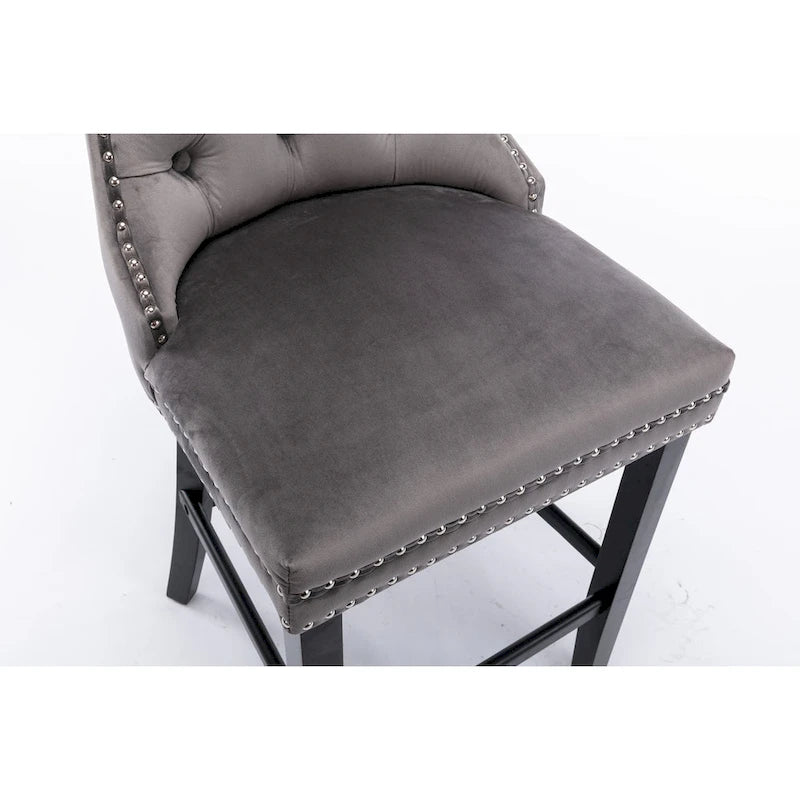 Velvet Upholstered Barstools with Button Tufted Decoration and Wooden Legs, and Chrome Nailhead Trim, Leisure Style Bar Chairs