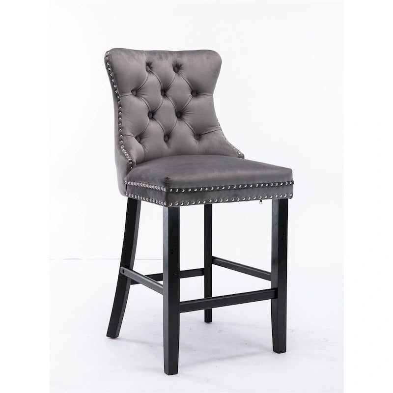 Velvet Upholstered Barstools with Button Tufted Decoration and Wooden Legs, and Chrome Nailhead Trim, Leisure Style Bar Chairs