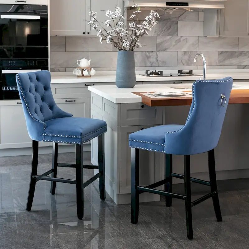 Velvet Upholstered Barstools with Button Tufted Decoration and Wooden Legs, and Chrome Nailhead Trim, Leisure Style Bar Chairs