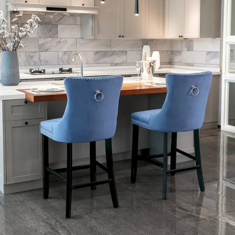 Velvet Upholstered Barstools with Button Tufted Decoration and Wooden Legs, and Chrome Nailhead Trim, Leisure Style Bar Chairs