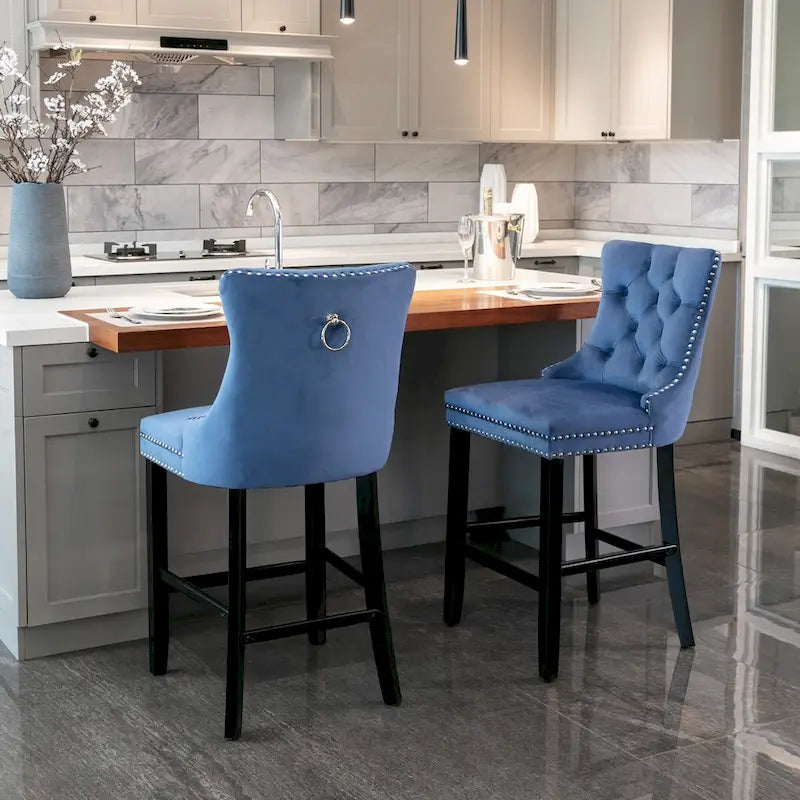 Velvet Upholstered Barstools with Button Tufted Decoration and Wooden Legs, and Chrome Nailhead Trim, Leisure Style Bar Chairs