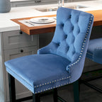 Velvet Upholstered Barstools with Button Tufted Decoration and Wooden Legs, and Chrome Nailhead Trim, Leisure Style Bar Chairs