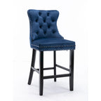 Velvet Upholstered Barstools with Button Tufted Decoration and Wooden Legs, and Chrome Nailhead Trim, Leisure Style Bar Chairs