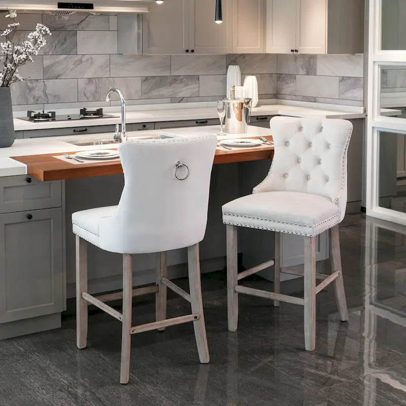 Velvet Upholstered Barstools with Button Tufted Decoration and Wooden Legs, and Chrome Nailhead Trim, Leisure Style Bar Chairs