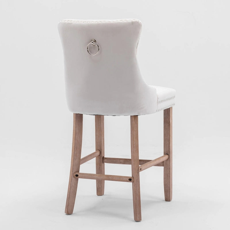 Velvet Upholstered Barstools with Button Tufted Decoration and Wooden Legs, and Chrome Nailhead Trim, Leisure Style Bar Chairs
