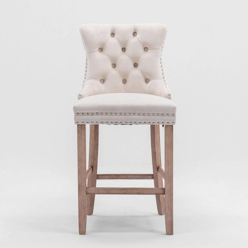Velvet Upholstered Barstools with Button Tufted Decoration and Wooden Legs, and Chrome Nailhead Trim, Leisure Style Bar Chairs