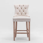 Velvet Upholstered Barstools with Button Tufted Decoration and Wooden Legs, and Chrome Nailhead Trim, Leisure Style Bar Chairs