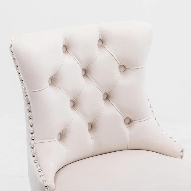 Velvet Upholstered Barstools with Button Tufted Decoration and Wooden Legs, and Chrome Nailhead Trim, Leisure Style Bar Chairs