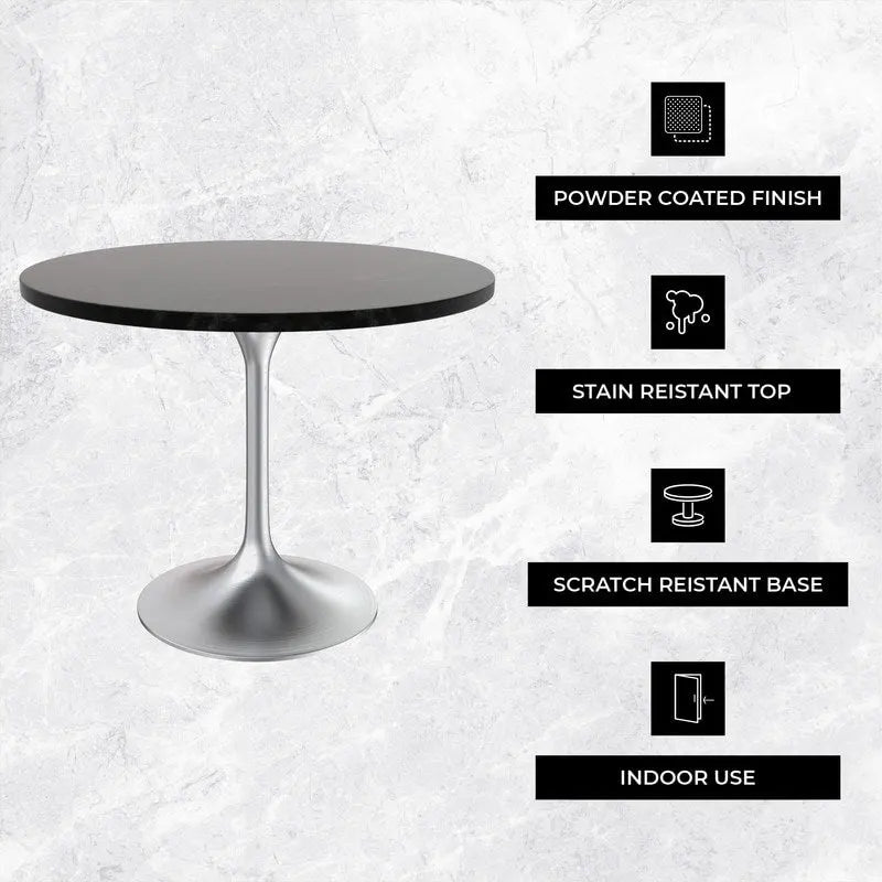 LeisureMod Verve 36 Round Dining Table with MDF Wood TableTop and Brushed Chrome Base for Kitchen & Dining Room
