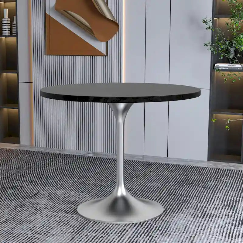 LeisureMod Verve 36 Round Dining Table with MDF Wood TableTop and Brushed Chrome Base for Kitchen & Dining Room
