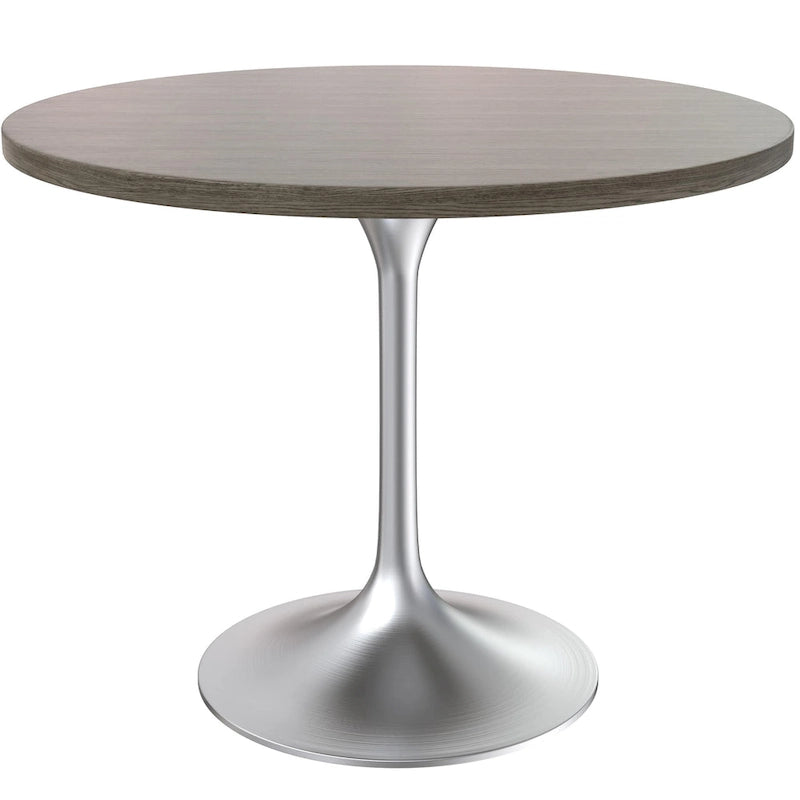 LeisureMod Verve 36 Round Dining Table with MDF Wood TableTop and Brushed Chrome Base for Kitchen & Dining Room