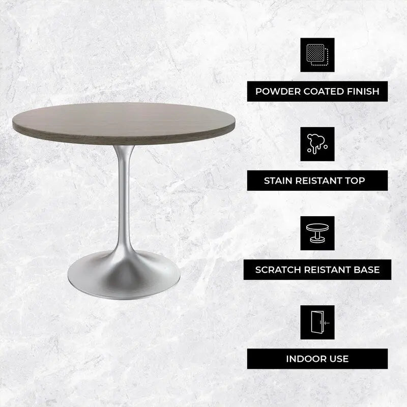 LeisureMod Verve 36 Round Dining Table with MDF Wood TableTop and Brushed Chrome Base for Kitchen & Dining Room