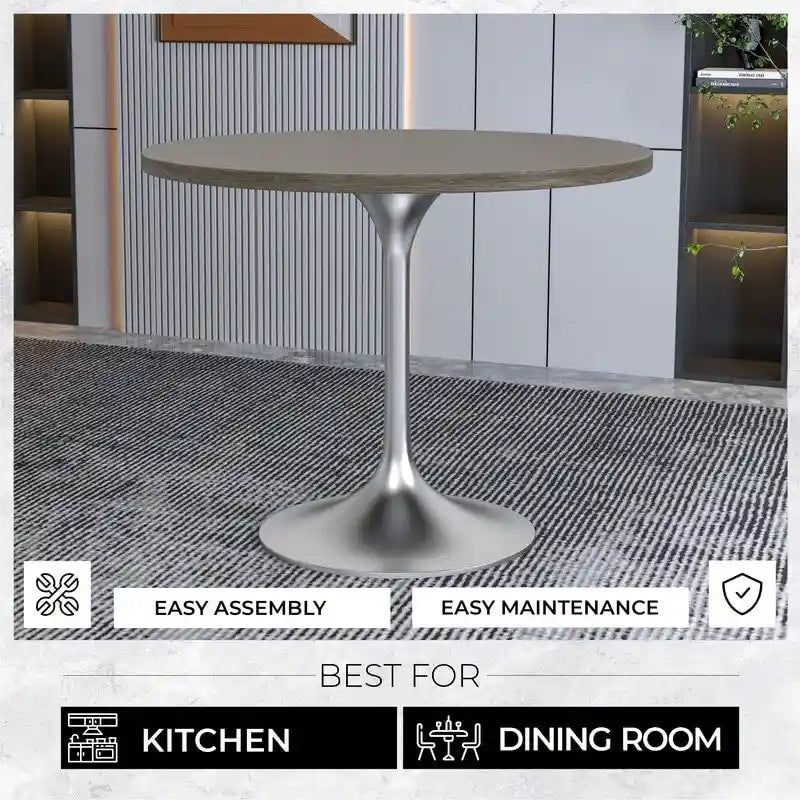 LeisureMod Verve 36 Round Dining Table with MDF Wood TableTop and Brushed Chrome Base for Kitchen & Dining Room