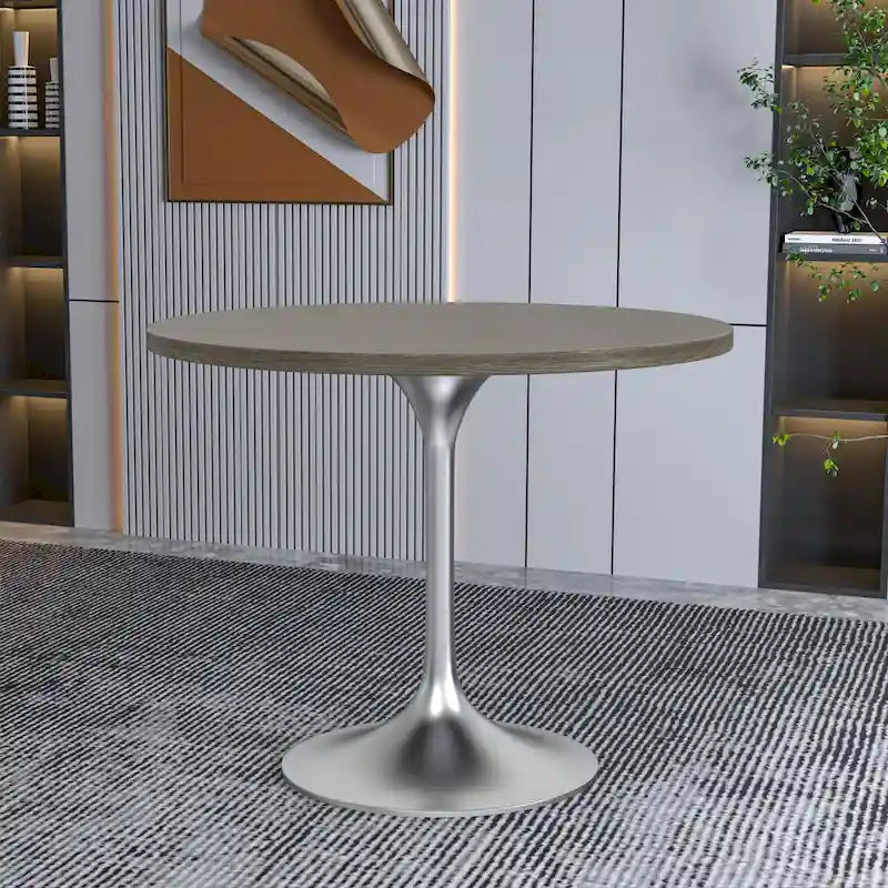 LeisureMod Verve 36 Round Dining Table with MDF Wood TableTop and Brushed Chrome Base for Kitchen & Dining Room