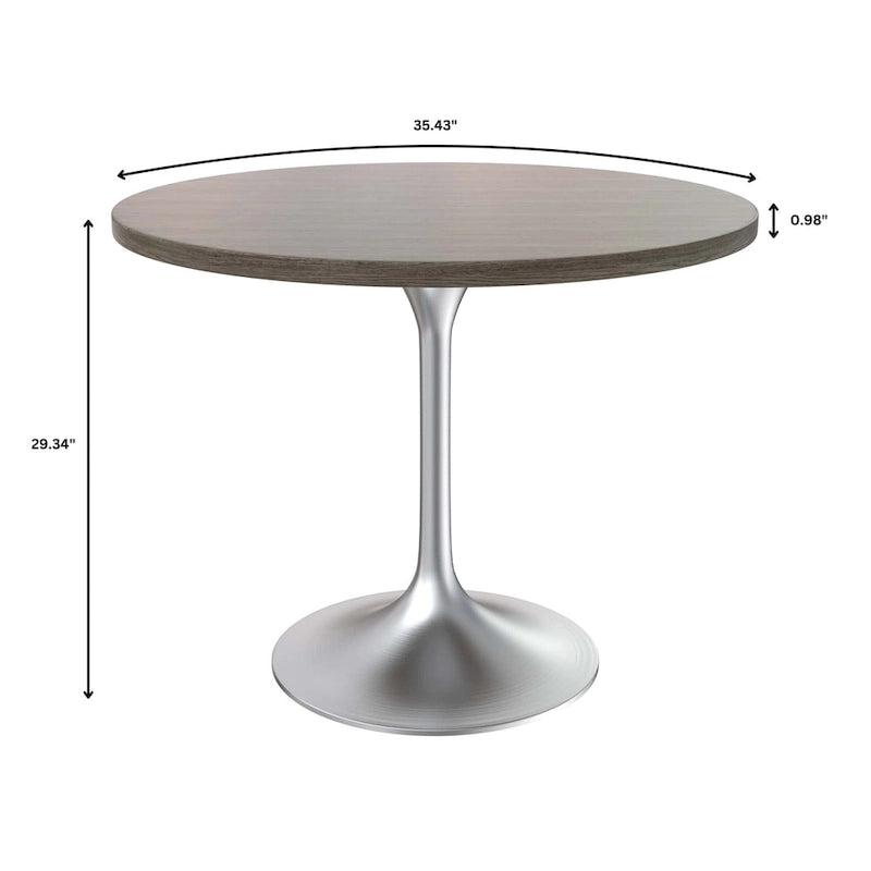 LeisureMod Verve 36 Round Dining Table with MDF Wood TableTop and Brushed Chrome Base for Kitchen & Dining Room