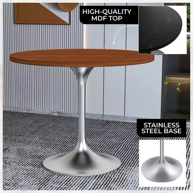 LeisureMod Verve 36 Round Dining Table with MDF Wood TableTop and Brushed Chrome Base for Kitchen & Dining Room