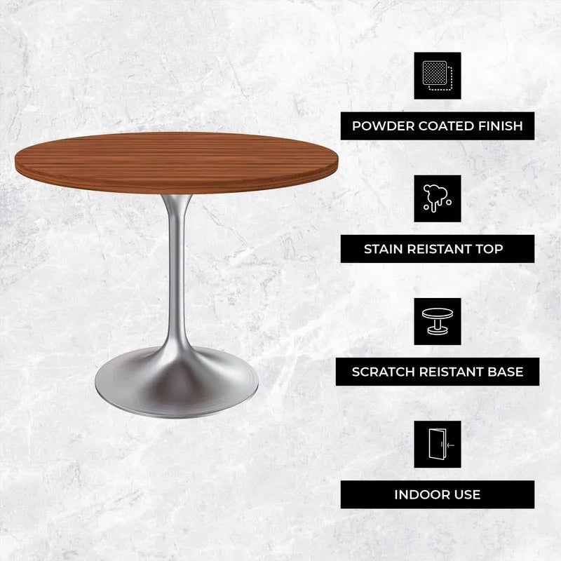 LeisureMod Verve 36 Round Dining Table with MDF Wood TableTop and Brushed Chrome Base for Kitchen & Dining Room