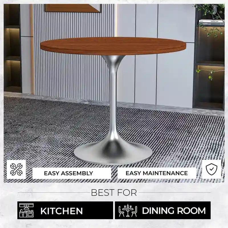 LeisureMod Verve 36 Round Dining Table with MDF Wood TableTop and Brushed Chrome Base for Kitchen & Dining Room