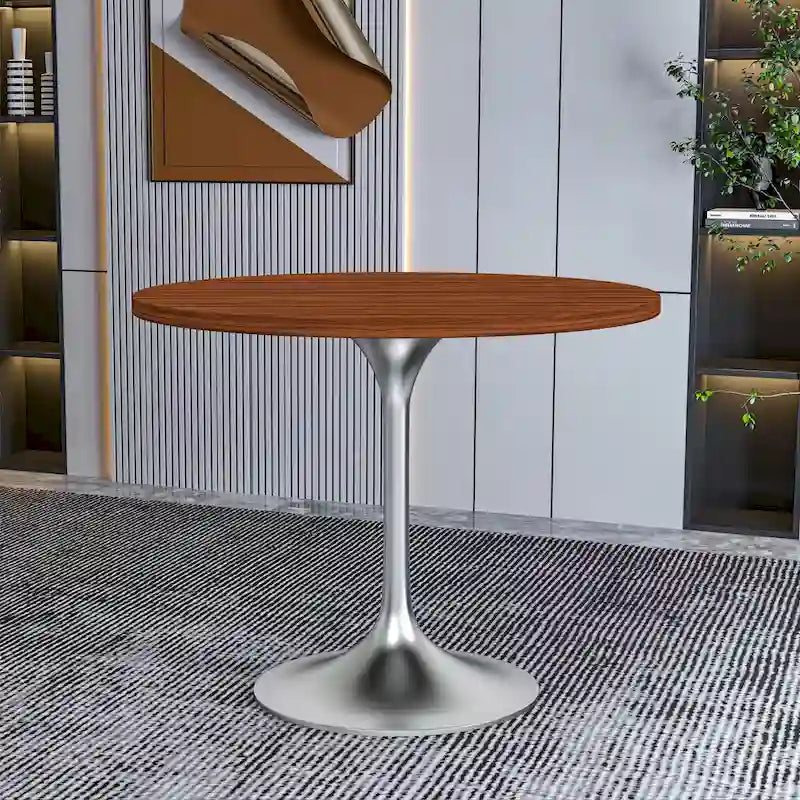 LeisureMod Verve 36 Round Dining Table with MDF Wood TableTop and Brushed Chrome Base for Kitchen & Dining Room