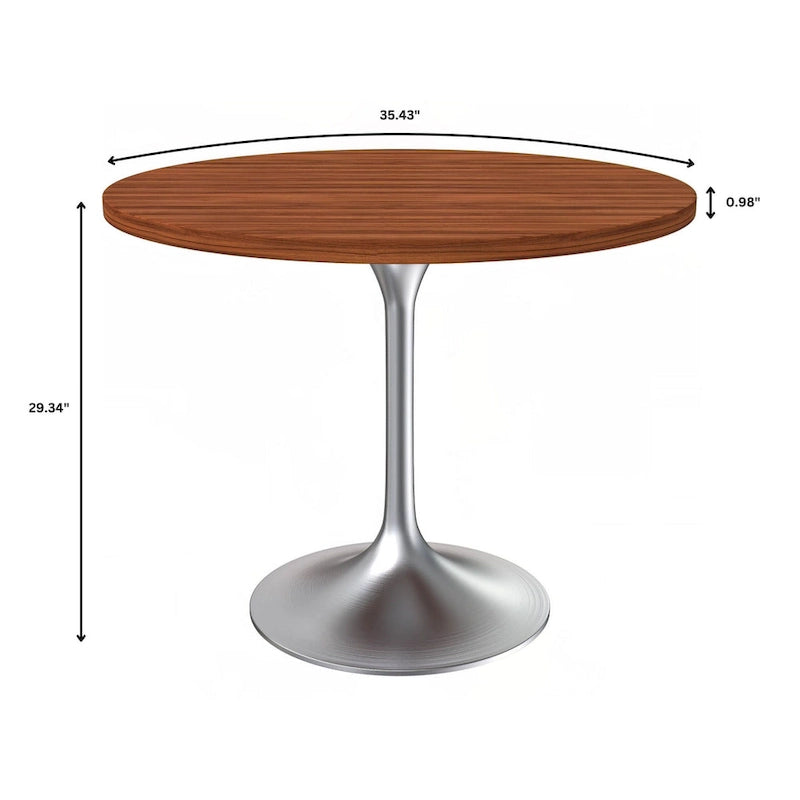 LeisureMod Verve 36 Round Dining Table with MDF Wood TableTop and Brushed Chrome Base for Kitchen & Dining Room