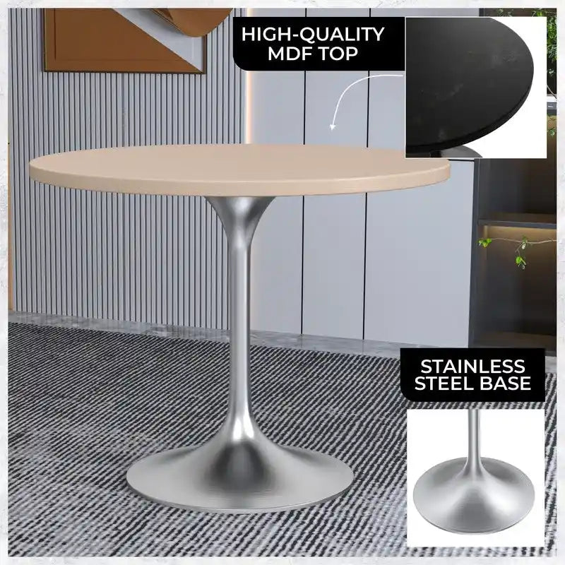 LeisureMod Verve 36 Round Dining Table with MDF Wood TableTop and Brushed Chrome Base for Kitchen & Dining Room