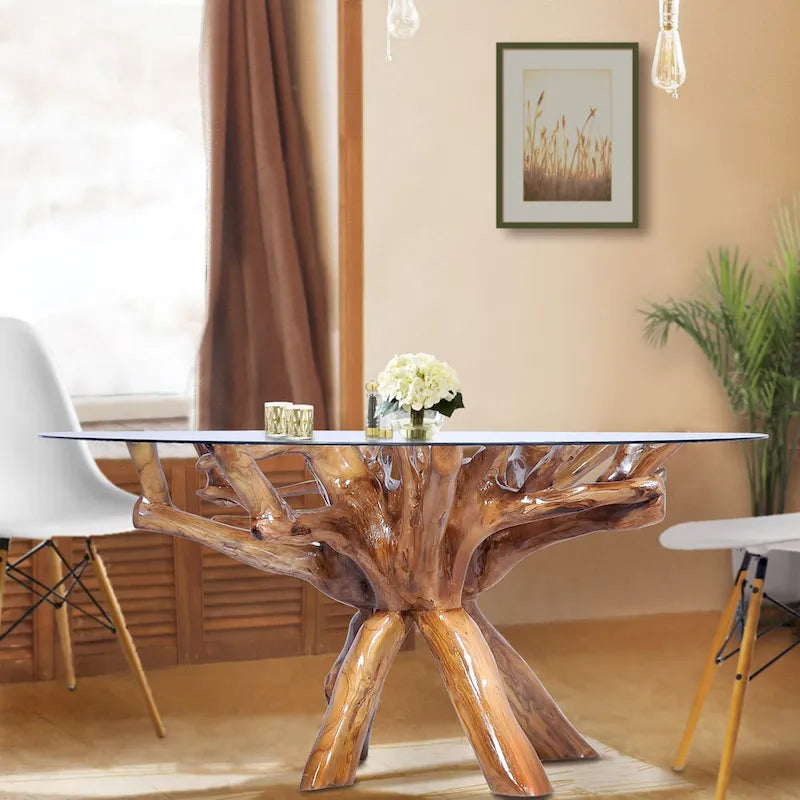 Chic Teak Rustic Teak Wood Root Dining Table Including a Round 48 Inch Glass Top