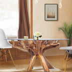 Chic Teak Rustic Teak Wood Root Dining Table Including a Round 48 Inch Glass Top