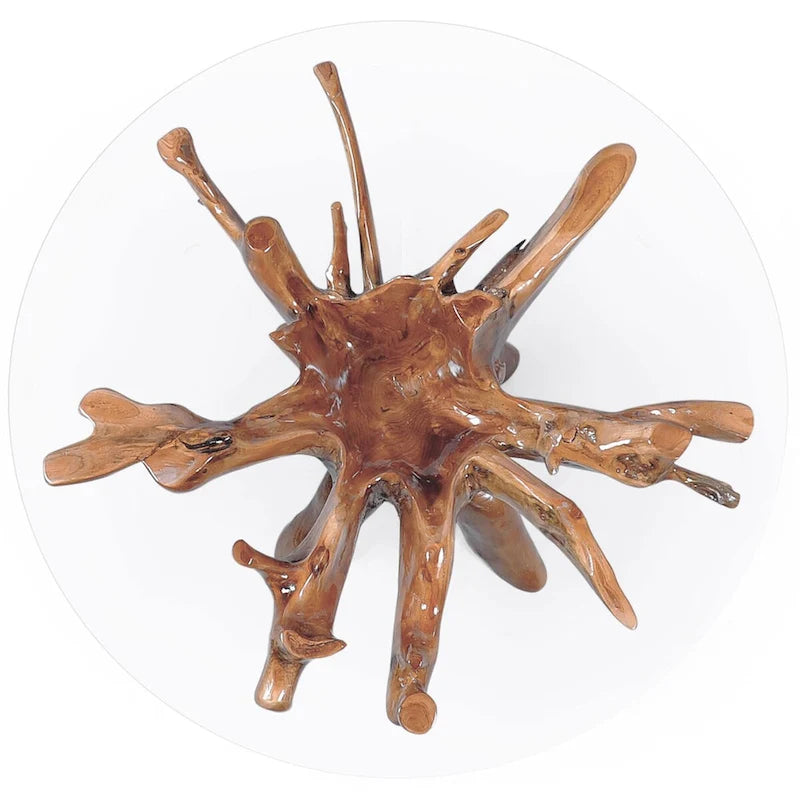 Chic Teak Rustic Teak Wood Root Dining Table Including a Round 48 Inch Glass Top