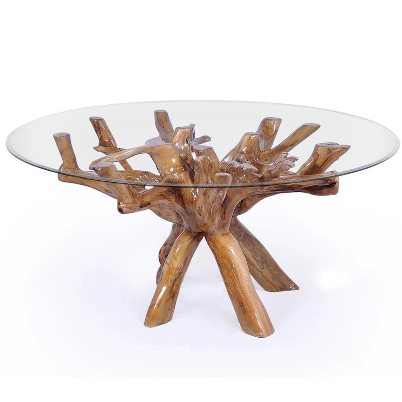 Chic Teak Rustic Teak Wood Root Dining Table Including a Round 48 Inch Glass Top