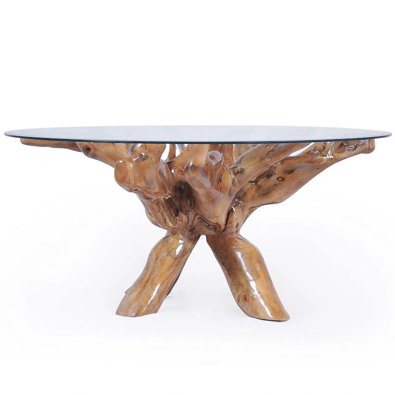 Chic Teak Rustic Teak Wood Root Dining Table Including a Round 48 Inch Glass Top