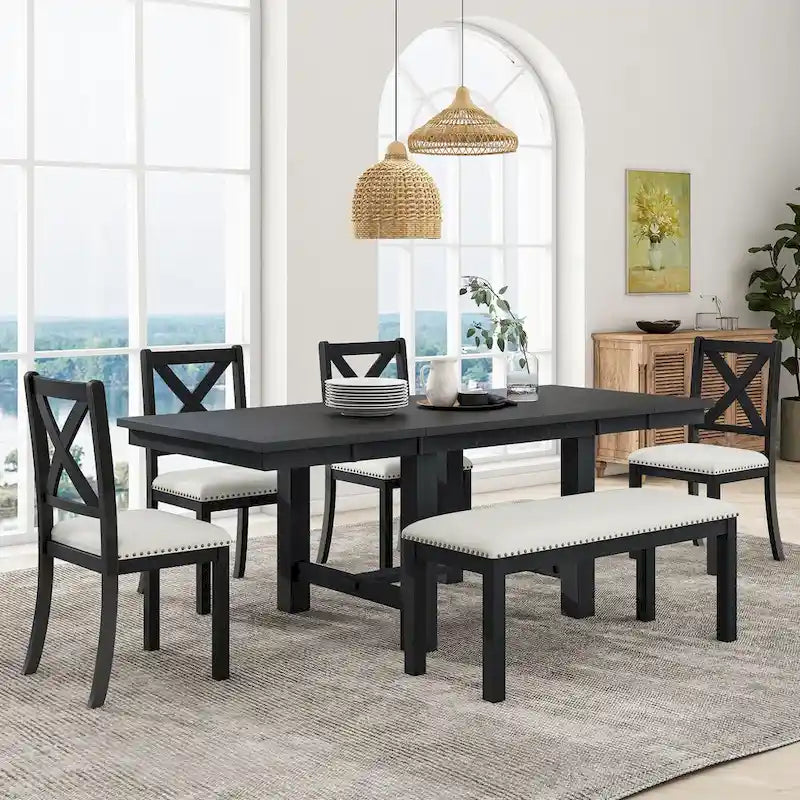 82inch 6-Piece Extendable Dining Table with Footrest, 4 Upholstered Dining Chairs and Dining Bench, Two 11Removable Leaf