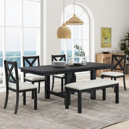 82inch 6-Piece Extendable Dining Table with Footrest, 4 Upholstered Dining Chairs and Dining Bench, Two 11Removable Leaf