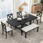 82inch 6-Piece Extendable Dining Table with Footrest, 4 Upholstered Dining Chairs and Dining Bench, Two 11Removable Leaf